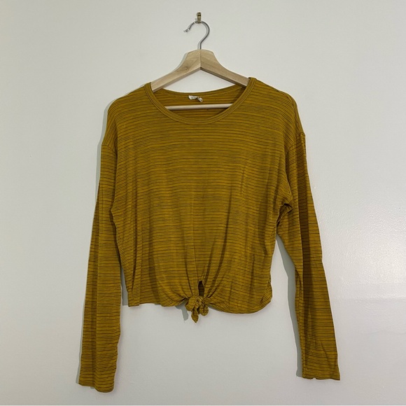 Anthropologie | Caution to the Wind Mustard Striped Key Hole Cropped Long Sleeve - Picture 3 of 9